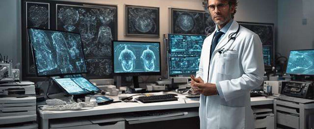 A Doctor Looking Directly At The Camera Standing In His Office Surrounded By Technological Devices