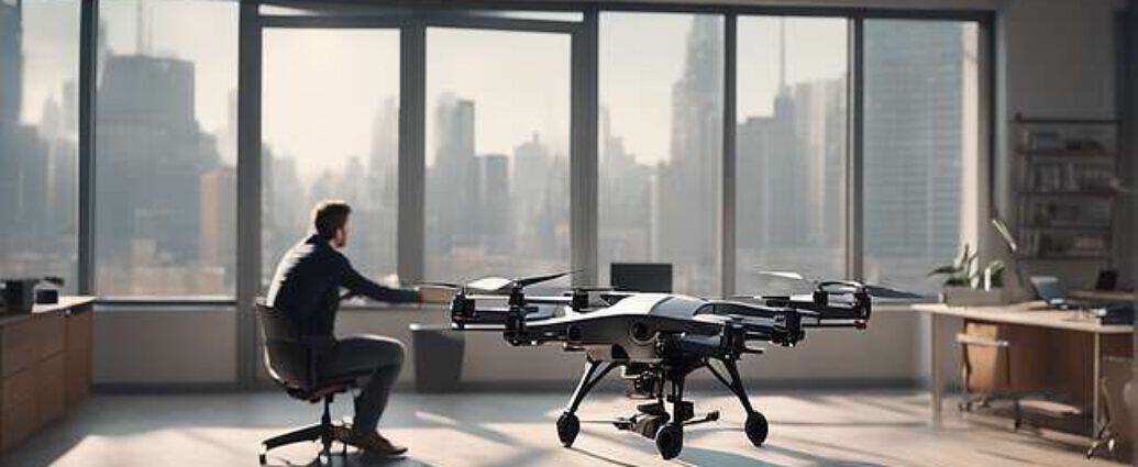A Man Sits At His Office Desk Staring Longingly Out The Window While His Foldable Dji Drone Lies On (1)