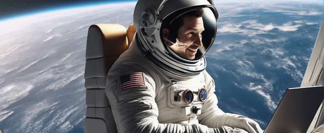 A Man With A Laptop In Space Looks At The Earth And Smiles Show The Picture In Photorealistic In 8 
