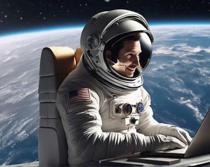 A Man With A Laptop In Space Looks At The Earth And Smiles Show The Picture In Photorealistic In 8 