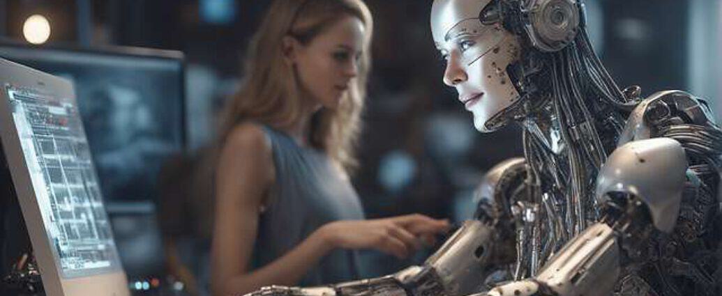 A Mysterious Man Is Editing Video By Computer And Female Artificial Intelligence Robot Is Looking At