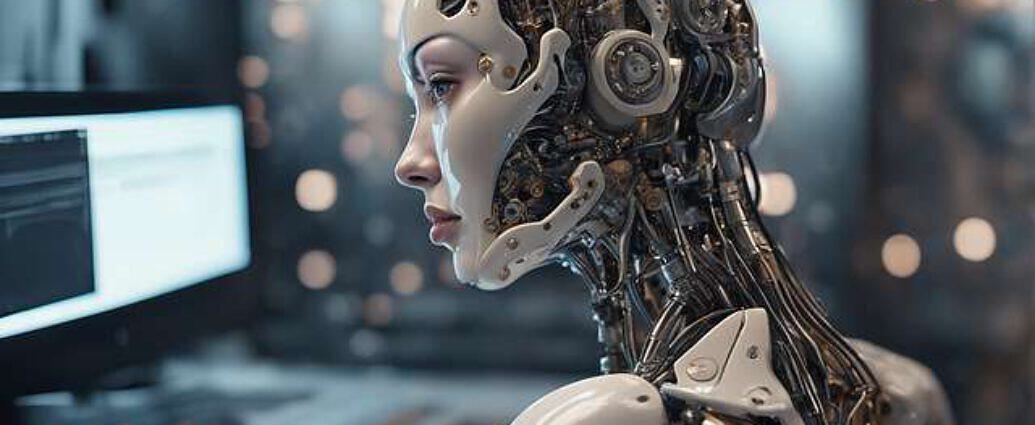 Gynoid Human And Machine Robot Portrait In Video Editing Studio Perfect Composition Doing Video Edit 527721758