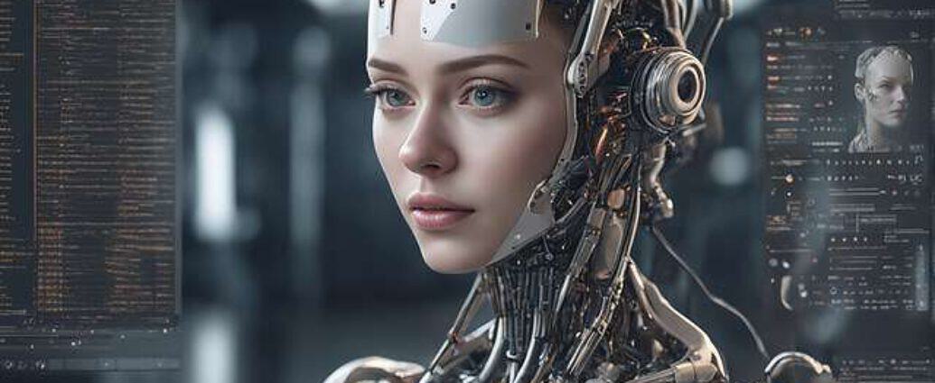 Gynoid Human And Machine Robot Portrait In Video Editing Studio Perfect Composition Doing Video Edit (6)