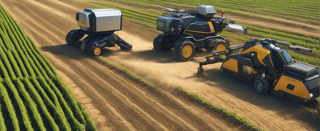 Show A Picture For The Agriculture Of The Future Show Robotic Machines Harvesting The Crops Show R