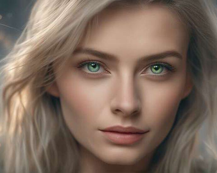 Realistic Close Up From Waist To Model Portrait Of German Woman With Green Gray Eyes And Gray N4k A