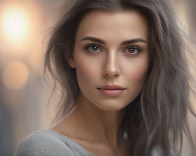 Realistic Closeup From The Waist Up Model Portrait Of Caucasian Woman With Brown Eyes And Grey N4k (13)