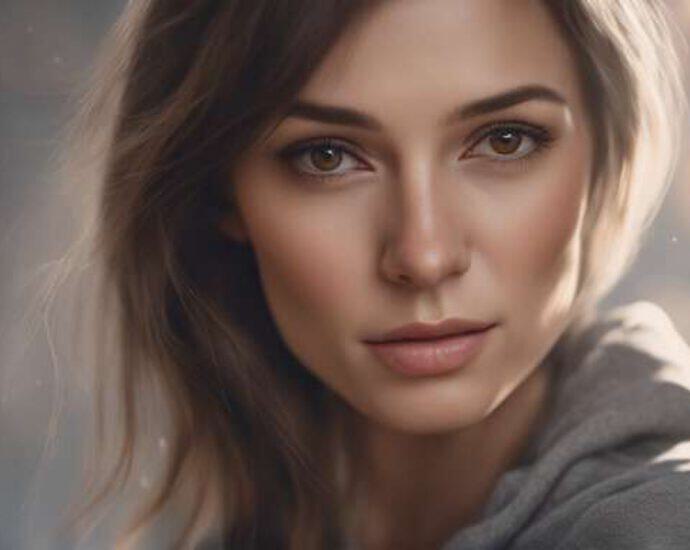 Realistic Closeup From The Waist Up Model Portrait Of Caucasian Woman With Brown Eyes And Grey N4k (19)