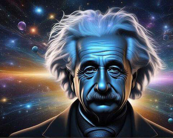 A Face Of Albert Einstein In A World Of Cosmos And Quantum Physics Everywhere You See Atoms And C