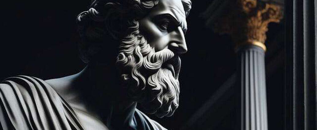 Greek Philosopher Statue With Beard And Muscles Cinematic 8k Dark Blackgraund