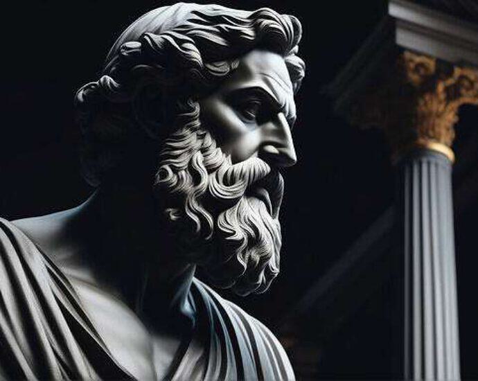 Greek Philosopher Statue With Beard And Muscles Cinematic 8k Dark Blackgraund