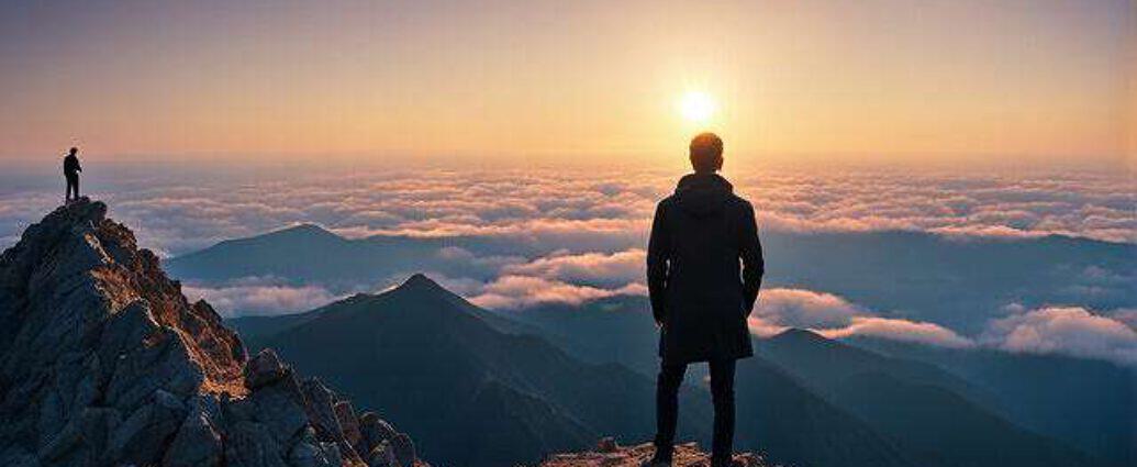 Create A Picture Of A Young Man Standing On A Mountain Top On The Horizon He Sees His Dreams And Go (6)
