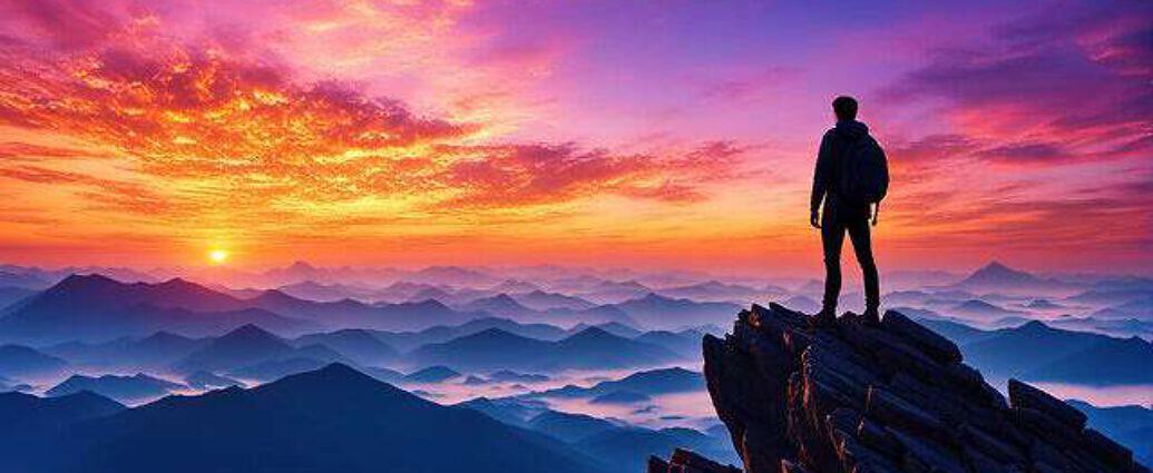 Young Man Atop A Mountain Peak Silhouetted Against A Vibrant Sunrise Observing His Dreams Material (1)