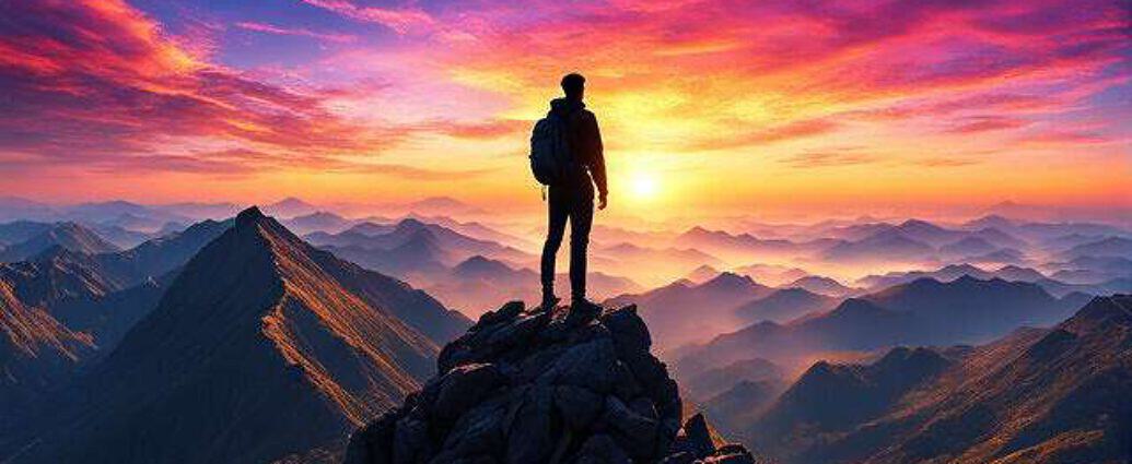 Young Man Atop A Mountain Peak Silhouetted Against A Vibrant Sunrise Observing His Dreams Material (10)
