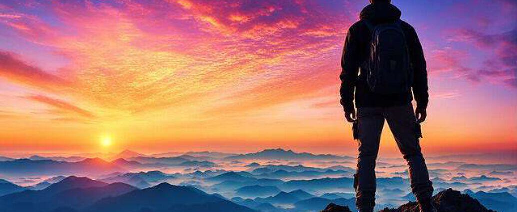 Young Man Atop A Mountain Peak Silhouetted Against A Vibrant Sunrise Observing His Dreams Material