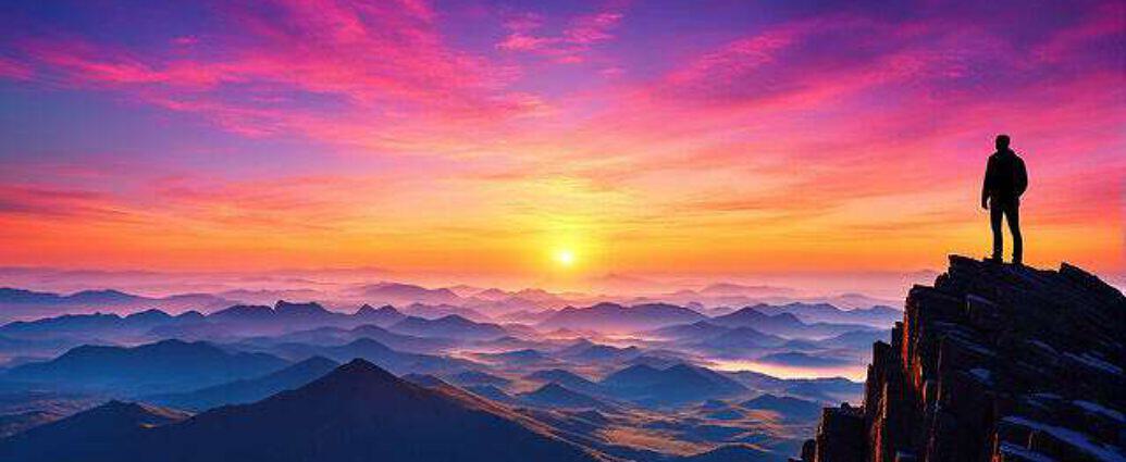 Young Man Atop A Mountain Peak Silhouetted Against A Vibrant Sunrise Observing His Dreams Material (11)