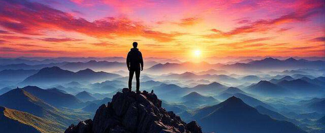 Young Man Atop A Mountain Peak Silhouetted Against A Vibrant Sunrise Observing His Dreams Material (12)
