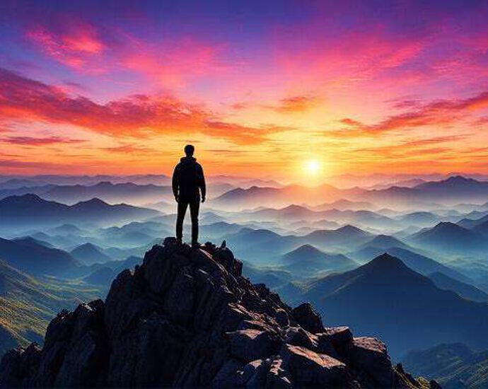 Young Man Atop A Mountain Peak Silhouetted Against A Vibrant Sunrise Observing His Dreams Material (12)