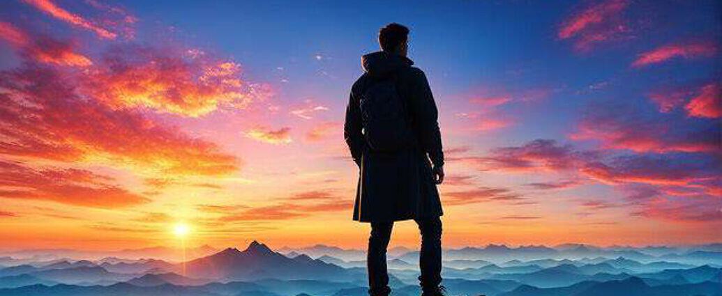 Young Man Atop A Mountain Peak Silhouetted Against A Vibrant Sunrise Observing His Dreams Material (14)
