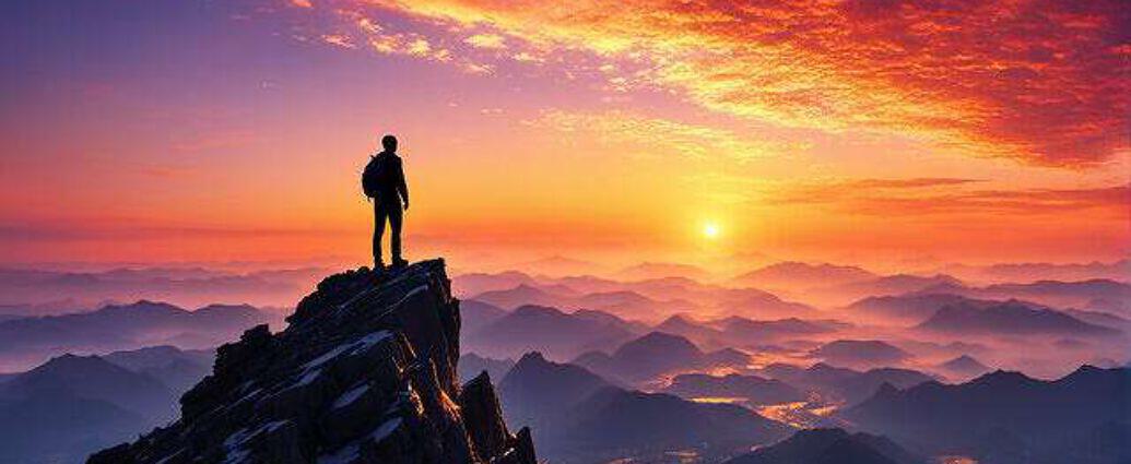 Young Man Atop A Mountain Peak Silhouetted Against A Vibrant Sunrise Observing His Dreams Material (15)