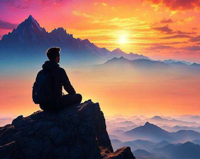 Young Man Atop A Mountain Peak Silhouetted Against A Vibrant Sunrise Observing His Dreams Material (16)