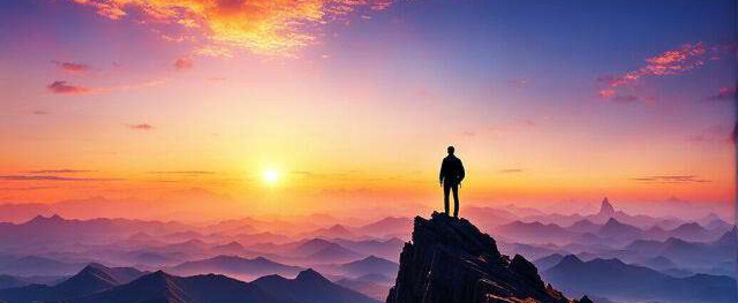 Young Man Atop A Mountain Peak Silhouetted Against A Vibrant Sunrise Observing His Dreams Material (17)