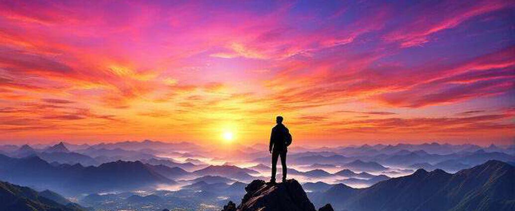 Young Man Atop A Mountain Peak Silhouetted Against A Vibrant Sunrise Observing His Dreams Material (18)