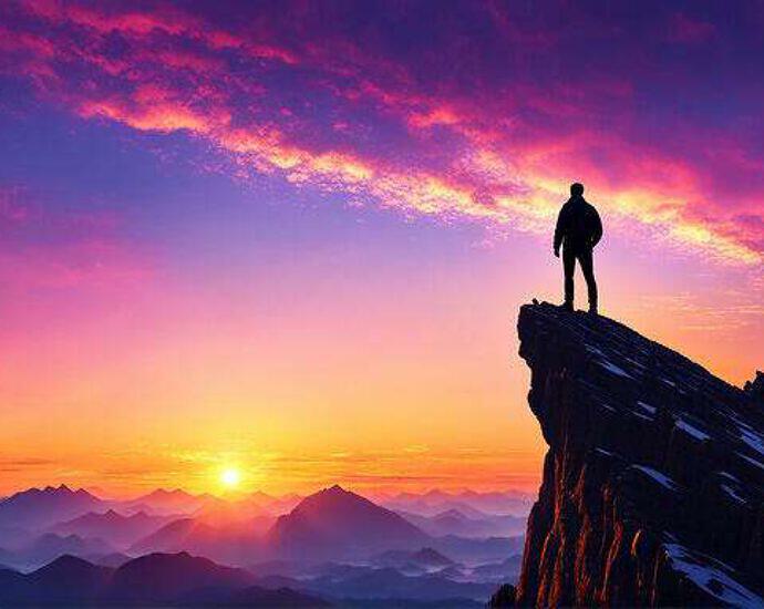 Young Man Atop A Mountain Peak Silhouetted Against A Vibrant Sunrise Observing His Dreams Material (2)