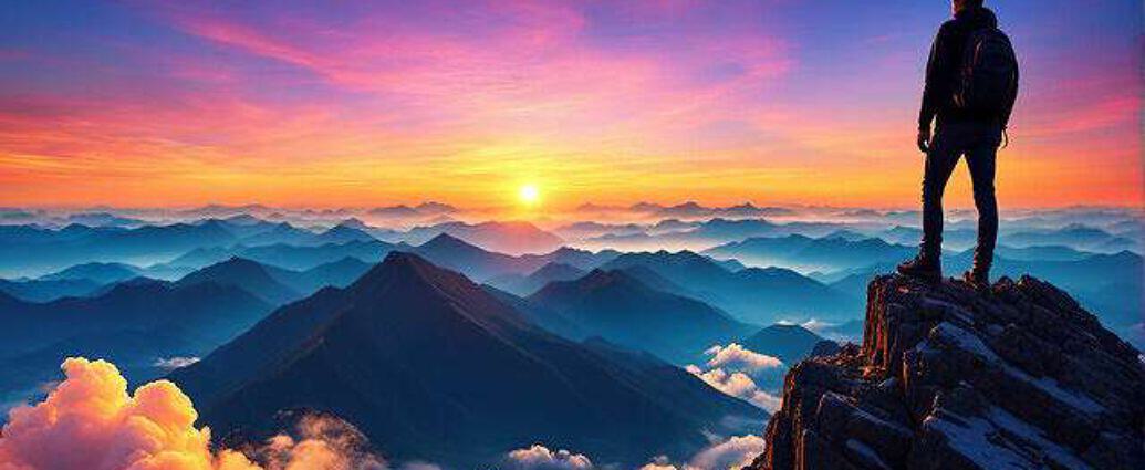 Young Man Atop A Mountain Peak Silhouetted Against A Vibrant Sunrise Observing His Dreams Material (3)