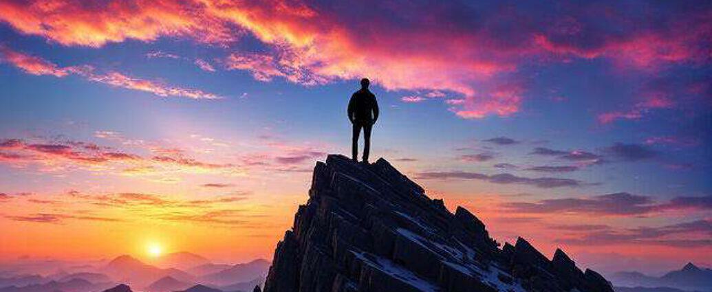 Young Man Atop A Mountain Peak Silhouetted Against A Vibrant Sunrise Observing His Dreams Material (4)