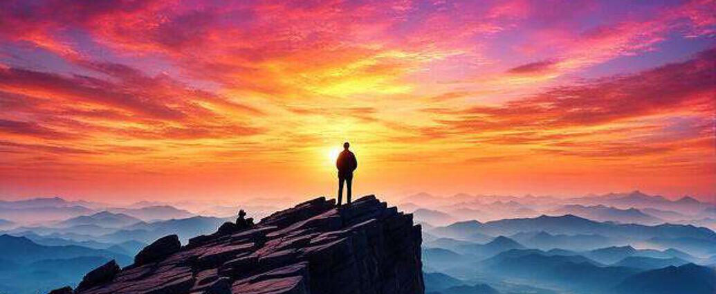 Young Man Atop A Mountain Peak Silhouetted Against A Vibrant Sunrise Observing His Dreams Material (5)