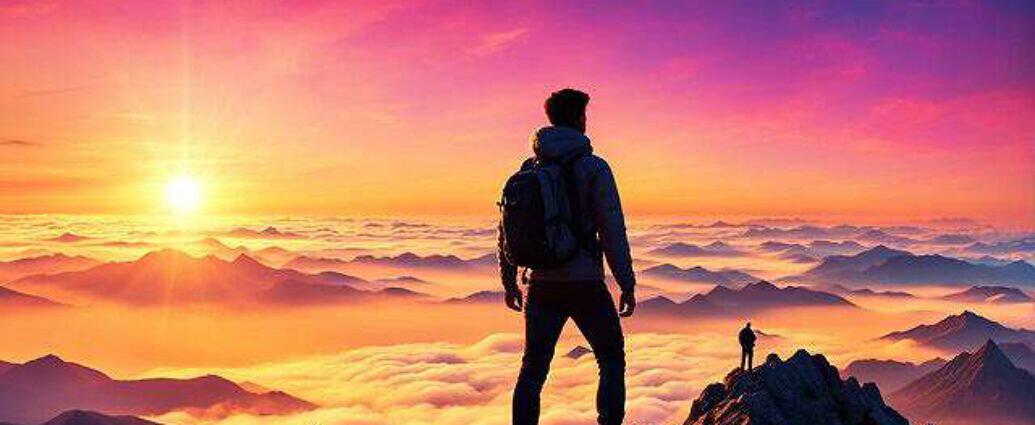 Young Man Atop A Mountain Peak Silhouetted Against A Vibrant Sunrise Observing His Dreams Material (6)
