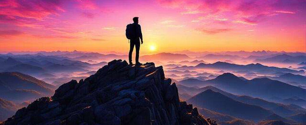 Young Man Atop A Mountain Peak Silhouetted Against A Vibrant Sunrise Observing His Dreams Material (7)