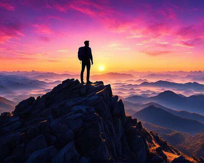 Young Man Atop A Mountain Peak Silhouetted Against A Vibrant Sunrise Observing His Dreams Material (7)