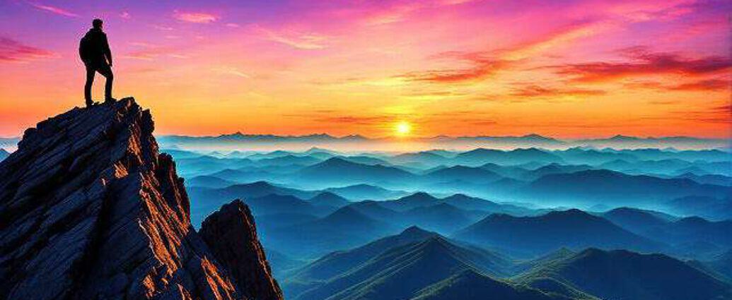 Young Man Atop A Mountain Peak Silhouetted Against A Vibrant Sunrise Observing His Dreams Material (9)