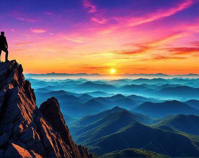 Young Man Atop A Mountain Peak Silhouetted Against A Vibrant Sunrise Observing His Dreams Material (9)