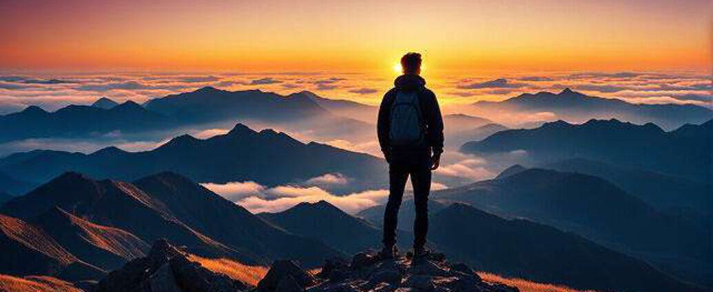 Young Man On Mountain Peak Silhouetted Against A Vivid Sunrise Dreams And Goals Materializing In A