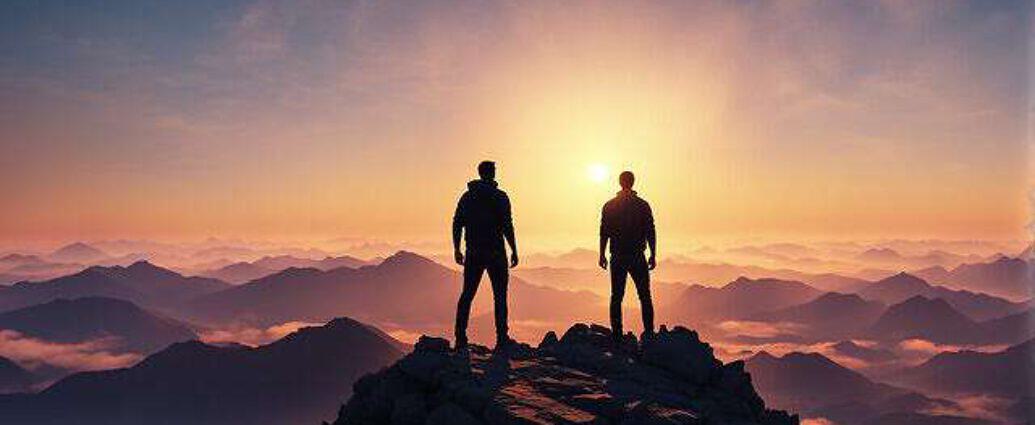 Young Man Stands Atop A Mountain Peak Silhouetted Against A Matrix Of Dreams And Goals Materializin
