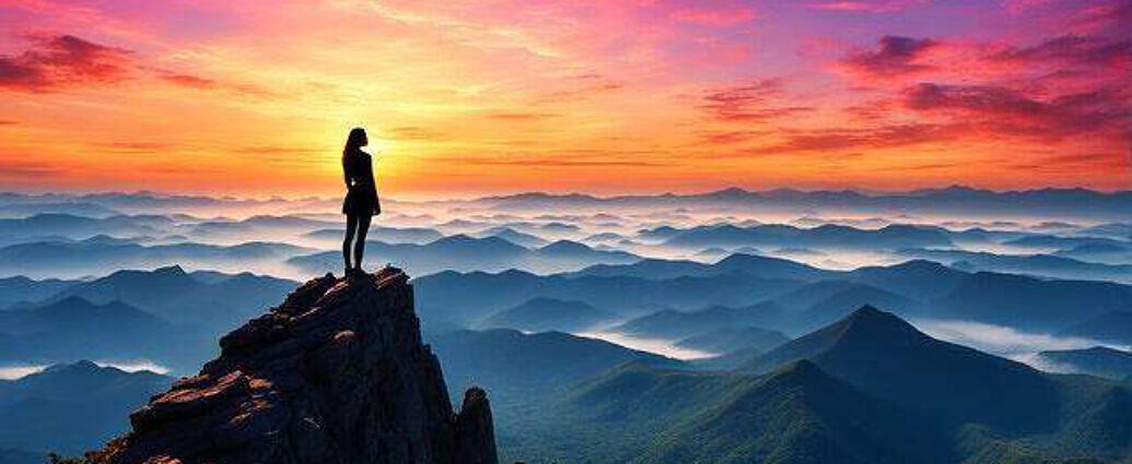Young Woman Atop A Mountain Peak Silhouetted Against A Vibrant Sunrise Observing His Dreams Materi (1)