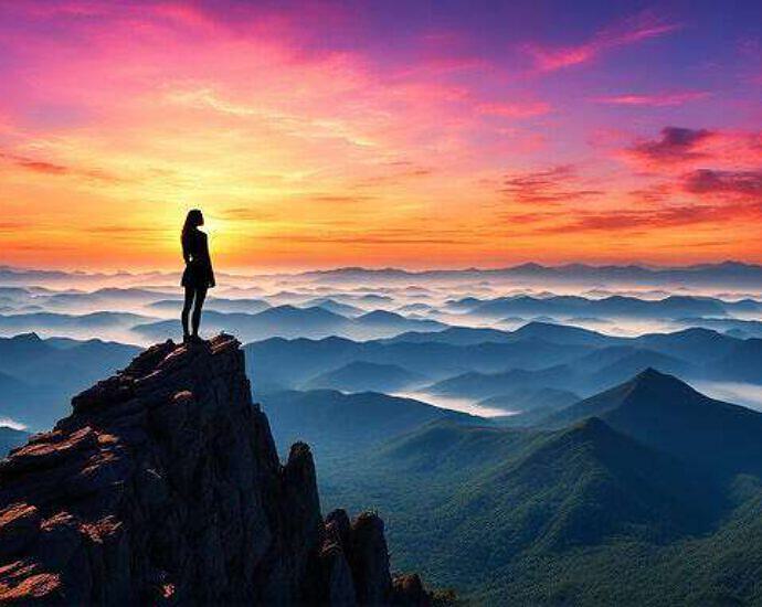 Young Woman Atop A Mountain Peak Silhouetted Against A Vibrant Sunrise Observing His Dreams Materi (1)
