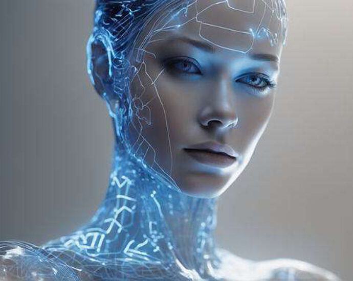 High Resolution Photo Of A Transparent Porcelain Android Woman With Glowing Backlit Panels Closeup (1)