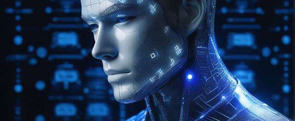 Transparent Porcelain Android Man Closeup On Face Glowing Backlit Panels Blue Digital 1s And 0s