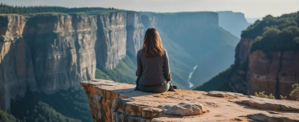 Auf einer Klippe sitzt eine Frau und schaut auf die Berge.