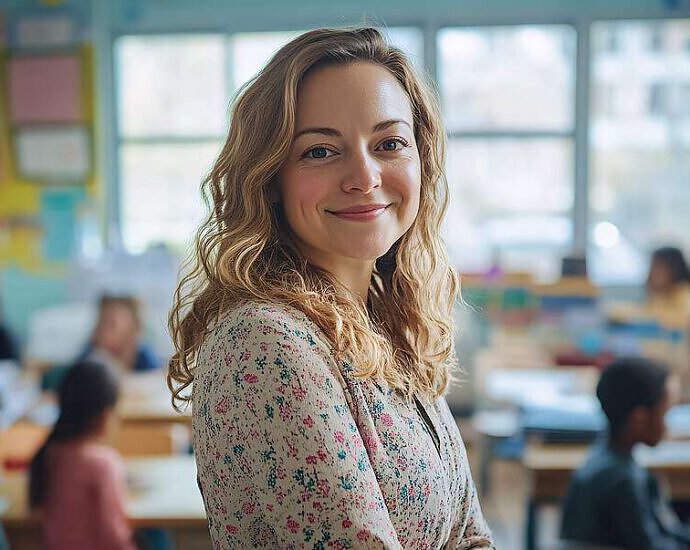 Eine junge Lehrerin steht lächelnd im Klassenzimmer.