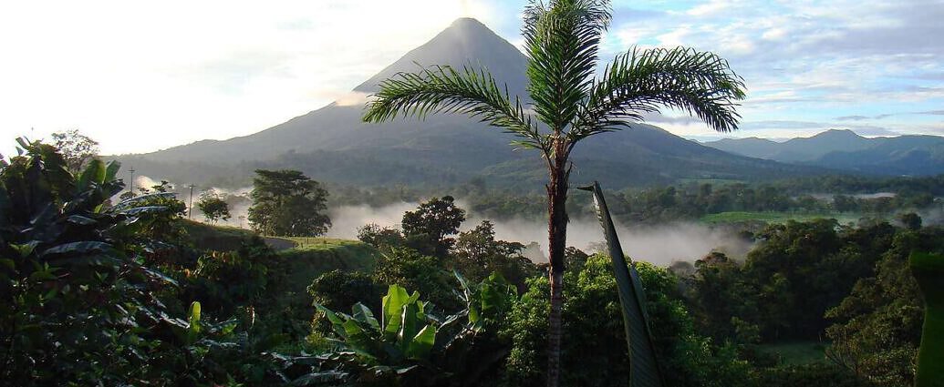 Ein Bild vom Dschungel in Costa Rica mit einem Vulkan im Hintergrund.