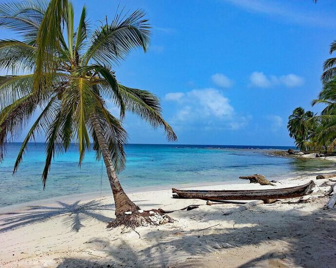 Ein Bild von Samoa mit wunderschönem Strand, Palmen und Meer.