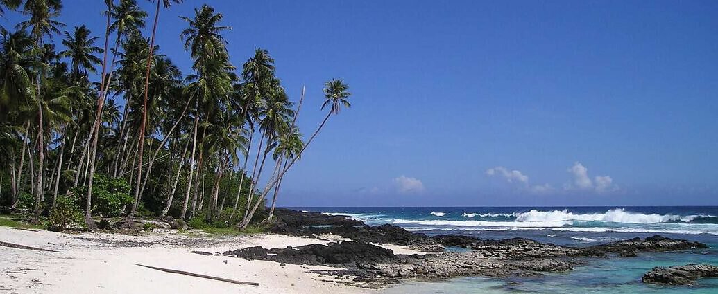 Ein Bild von einem wunderschönen Strand mit Palmen und dem blauen Ozean auf Samoa.