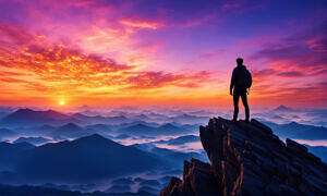 Young Man Atop A Mountain Peak Silhouetted Against A Vibrant Sunrise Observing His Dreams Material (1)