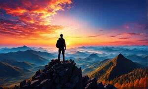 Young Man Atop A Mountain Peak Silhouetted Against A Vibrant Sunrise Observing His Dreams Material