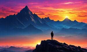 Young Man Atop A Mountain Peak Silhouetted Against A Vibrant Sunrise Observing His Dreams Material (8)