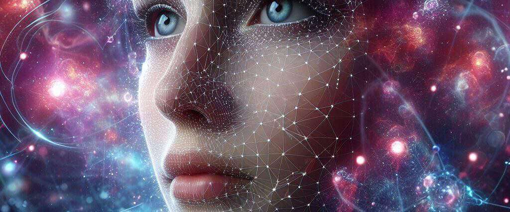 Das Gesicht einer Frau in der Matrix des Universums.